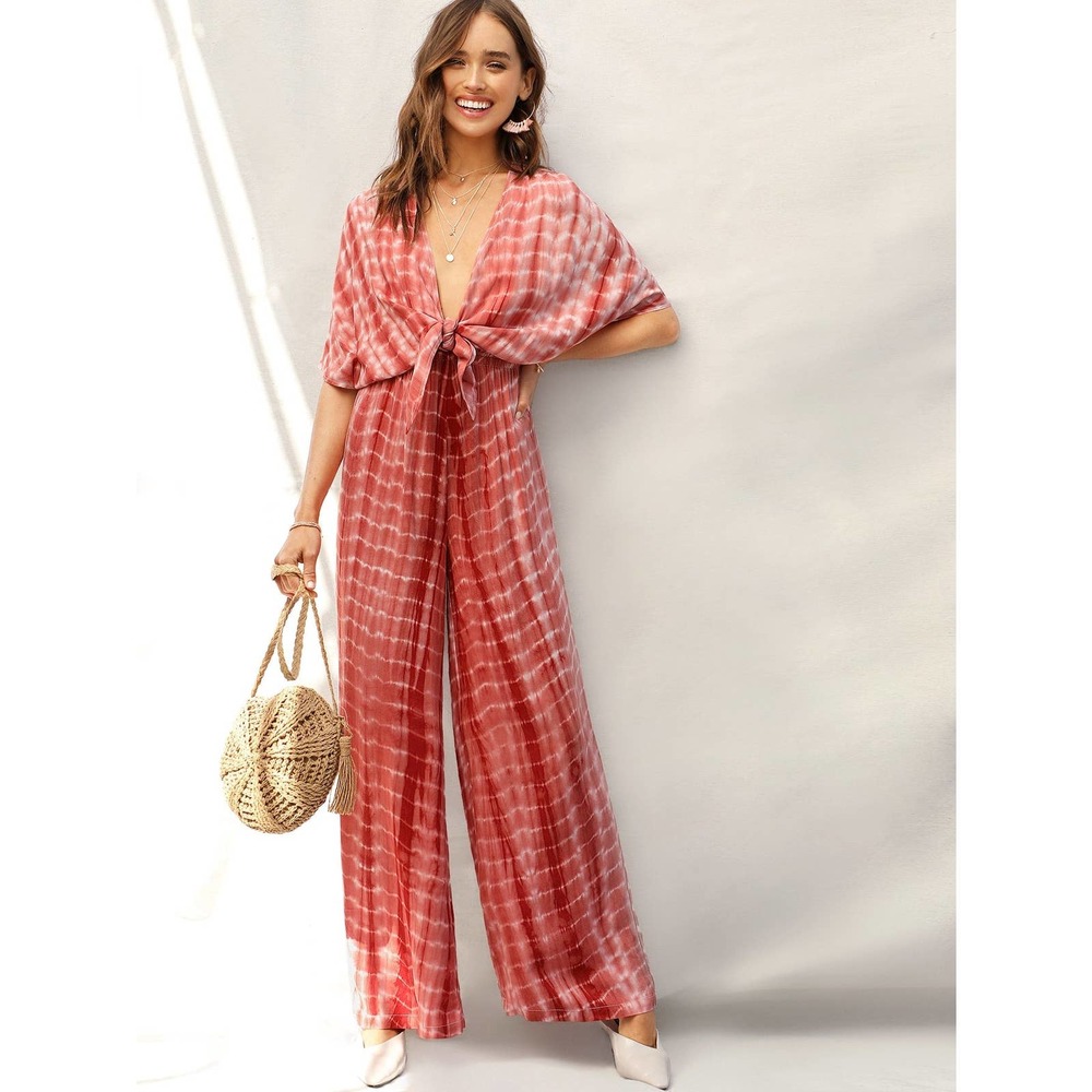 70s style Plunging Neck Knot Front Tie Dye Palazzo Jumpsuit orange - Picture 5 of 5
